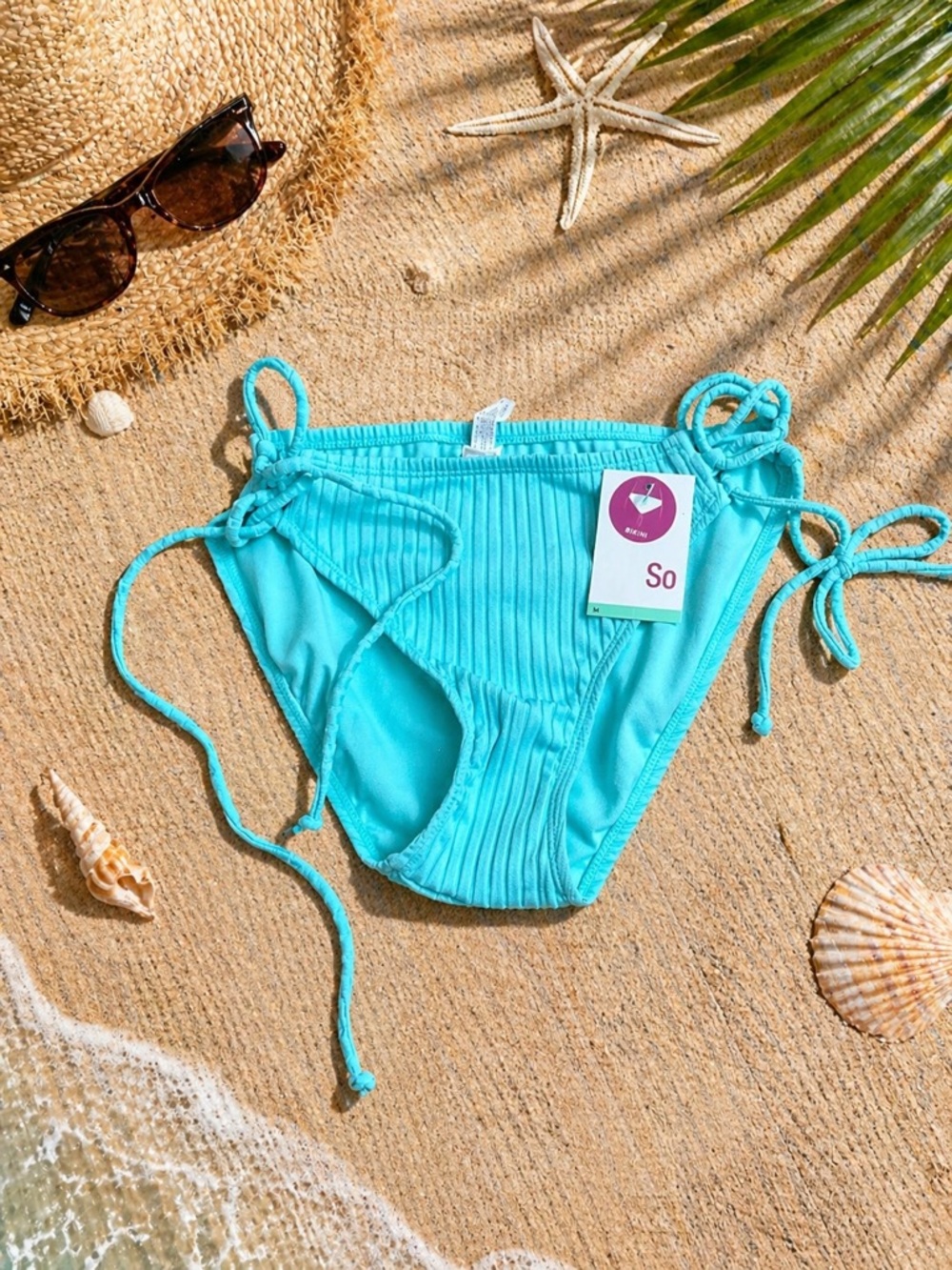 SO Aqua Ribbed Side-Tie Bikini Bottoms